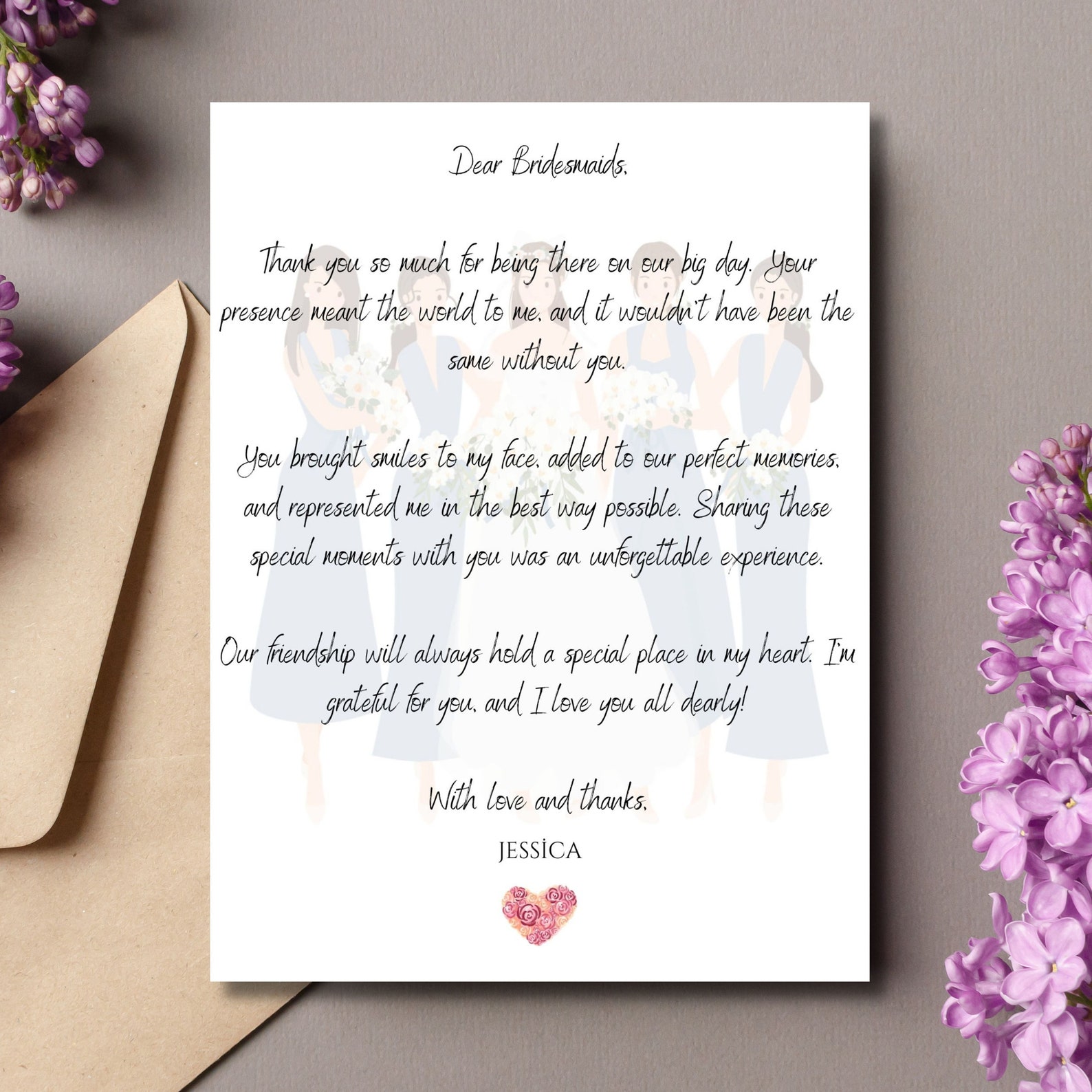 Printable Bridesmaid Thank You Card, Bridal Party, Personalised Wedding ... Printable Bridesmaid Thank You Card, Bridal Party, Personalised Wedding ...