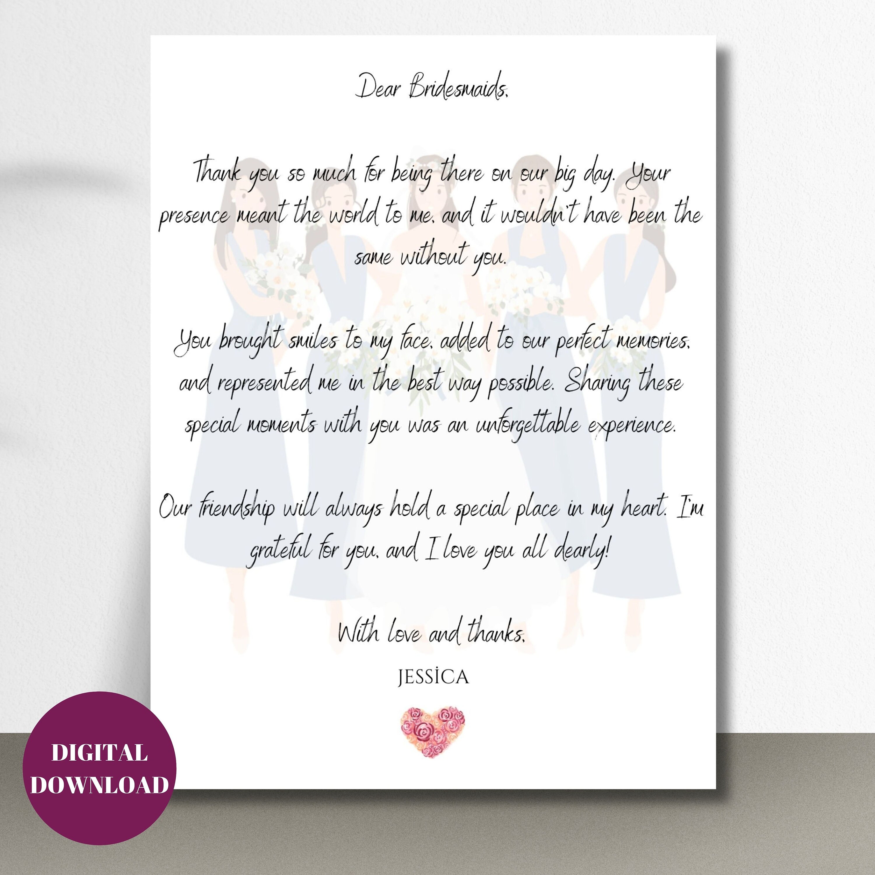 Printable Bridesmaid Thank You Card, Bridal Party, Personalised Wedding ...