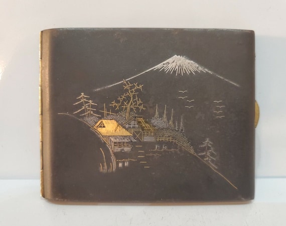 MT FUJI ANTIQUE Japanese Komai Damascene K24 Gold, Silver Cigarette Case  53/2