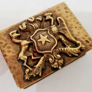 Vintage Brass Match Box Cover Case CHILEAN COAT OF Arms Crest / 3D / 2 X 1 1/2