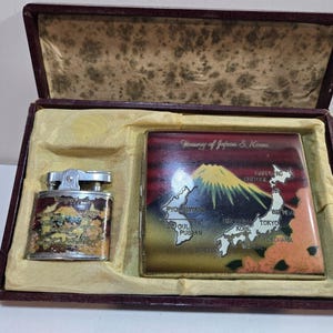 Vintage Enamel Cigarette Case  Lighter Memory of Japan  Korea Map Orig. Case