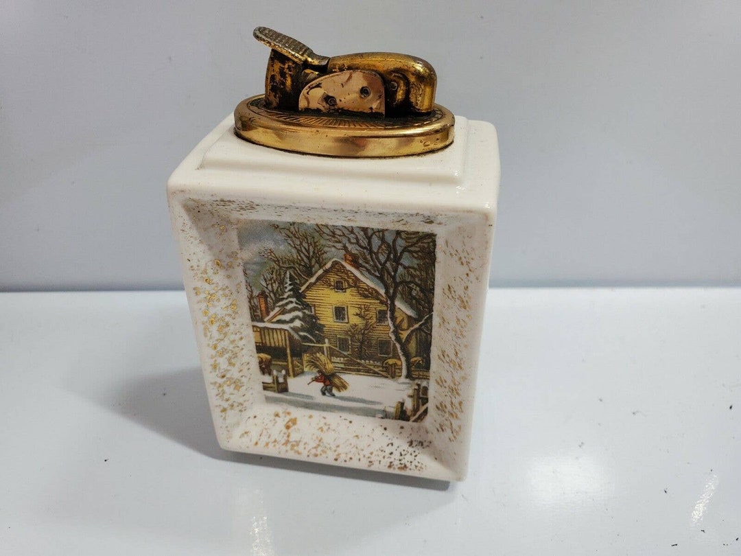 Vintage Working EVANS Table Lighter Currier & Ives WINTER Etsy