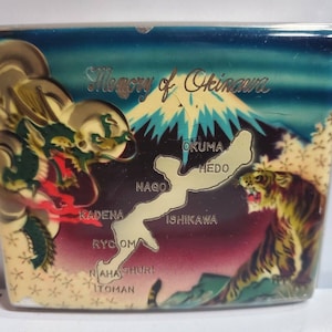 Vintage Enamel Cigarette Case Memory of Okinawa / Japan Map 3 1/2 X 3