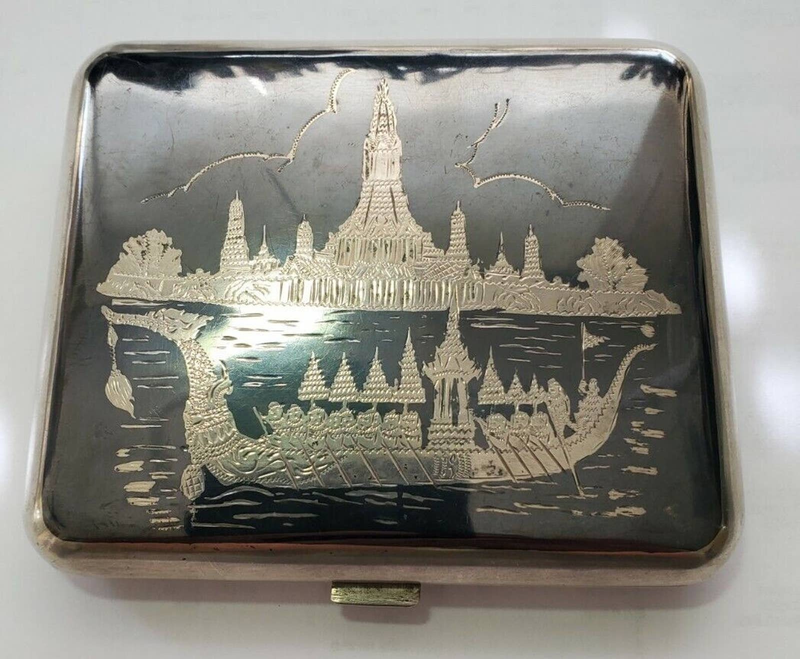 niello cigarette case Vintage Siam Sterling Silver DRAGON BOAT, Goddess 4011/3 Russian Silver & Niello Cigarette