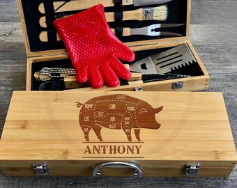 Customized BBQ Gift Set  Engraved Grilling Tools  Wooden Case for Fathers Day Birthdays Retirement