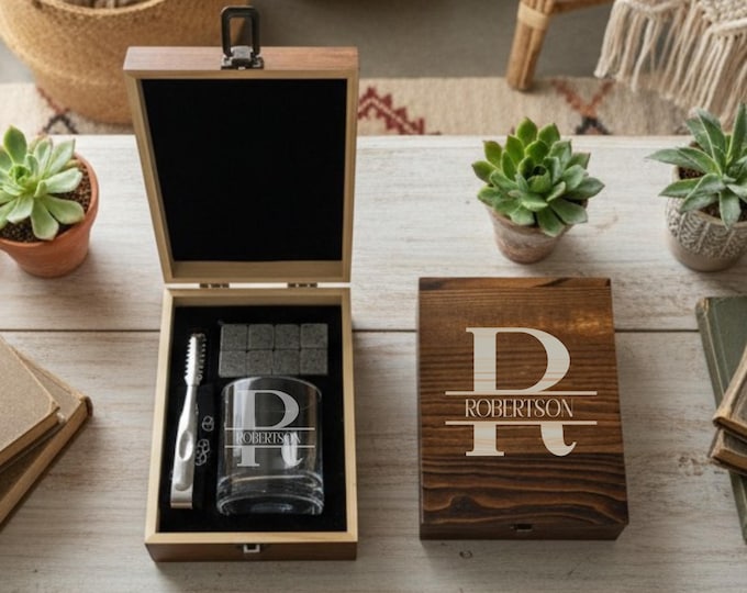 Whiskey Lover Gift Set, Engraved Rocks Glass & Stones (Wooden Box)