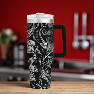 Gothic Skull Tumbler – 40oz Laser Engraved Stainless Steel Rock and Roll Cup, Edgy Drinkware, Unique Metal Gift, Dark Music-Themed Design