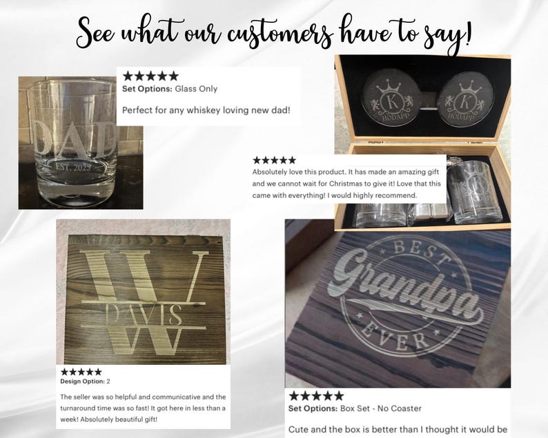 The image is a collage of four photos showcasing various personalized items, including a glass, a set of glasses, a wooden coaster, and a set of coasters. The photos feature a variety of designs and styles, with some featuring text and others featuring decorative elements. The collage highlights the unique and thoughtful nature of these personalized items, which are designed to be thoughtful gifts for customers.