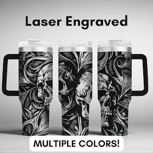 Gothic Skull Tumbler – 40oz Laser Engraved Stainless Steel Rock and Roll Cup, Edgy Drinkware, Unique Metal Gift, Dark Music-Themed Design
