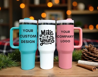 Custom Engraved 40oz Tumbler • Personalized Tumbler Your Design OR Logo Stainless Steel Cup with Handle & Straw • One or Two-Sided Design