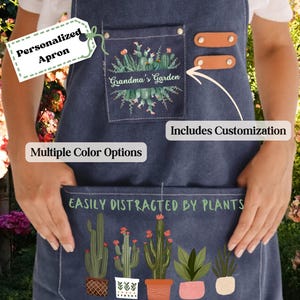 May include: A blue denim gardening apron with the text "Grandma's Garden" and "Easily Distracted by Plants". The apron has two pockets and a customizable patch.