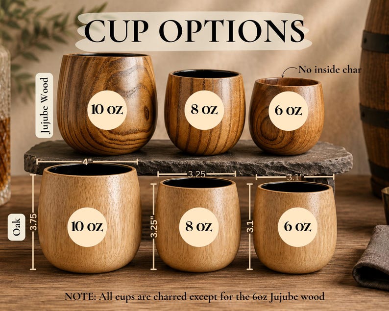 a collection of wooden cups, each with a different size and capacity, arranged on a wooden surface. The cups are labeled with their respective measurements, including "10 oz", "8 oz", "6 oz", and "6 oz". The cups are arranged in a row, with the largest cup on the left and the smallest on the right. The image also includes a note that states that all cups are chared except for the 6 oz Jujube wood cups.