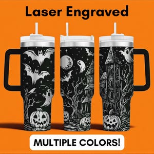 Spooky Halloween Tumbler – 40oz Laser Engraved Ghost and Pumpkin Travel Cup, Festive Drinkware, Seasonal Gift, Unique Scary Fall Design