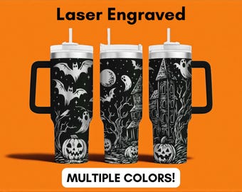 Spooky Halloween Tumbler – 40oz Laser Engraved Ghost and Pumpkin Travel Cup, Festive Drinkware, Seasonal Gift, Unique Scary Fall Design