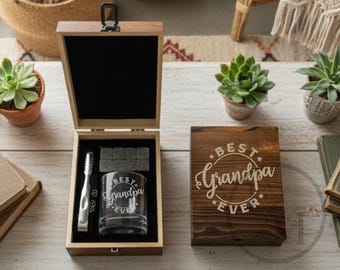 Best Grandpa Whiskey Gift Set • Engraved 10oz Rocks Glass, Box & Whiskey Stones • Ready-to-Gift Set for Father’s Day, Birthday or Christmas