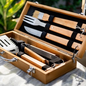 Personalized BBQ Gift Set: Engraved Tools with Wooden Case
