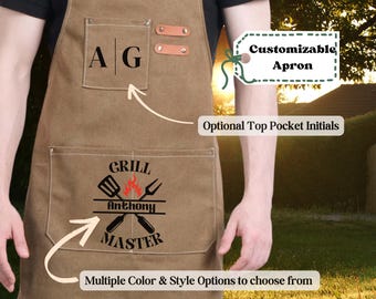Personalized Canvas Apron – Custom Leather Straps, Chef or Grill Master Gift, Durable Cooking Accessory, Kitchen Wear