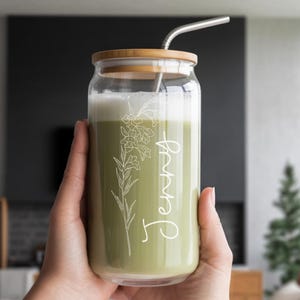 Engraved Boba Tea Cup - Custom Name and Birth Flower - Glass with Bamboo Lid - Bridesmaids Gift - Bridal Shower - Bridal Party Gift