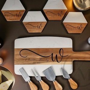Personalized Acacia Wood  Marble Cutting Board  Custom Engraved Wedding Gift Set of 4 Coasters