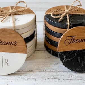 Custom Marble and Wood Coasters – Personalized Set of 4 with Family Name & Initials | Wedding or Anniversary Gift