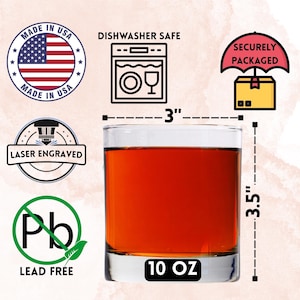 various icons and text related to a dishwasher safe glass, including a "Made in USA" stamp, a "Dishwasher Safe" label, and a "SECURELY PACKAGED" label. There is also a glass with a liquid inside, and some measurements and labels indicating the glass's size and features.