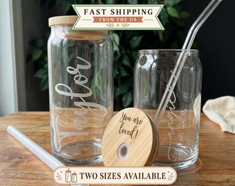 Custom Engraved Glass Cup with Bamboo Lid, Personalized Name or Business Logo, Libbey Can Glass, Iced Coffee Tumbler, Corporate Gift