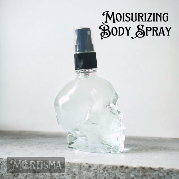 Skull Moisturizing Body Spray - Alcohol Free - Skull Shaped Glass Bottle - 2 fl. oz - Skull Spray - Skull Gift - Spooky Scents