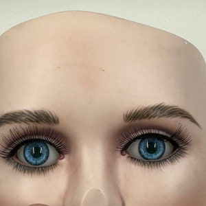 以下が含まれることがあります： まつげのある青い目をした、眉毛が描かれたマネキンヘッドのクローズアップ。