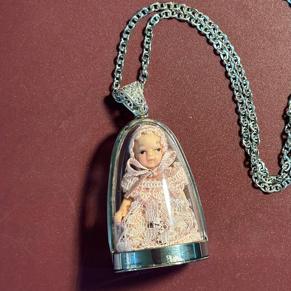 OOAK Poupee Shaker Necklace Miniature Bisque Porcelain Baby Pendant Necklace, Doll Collector Gift, Doll Maker Gift