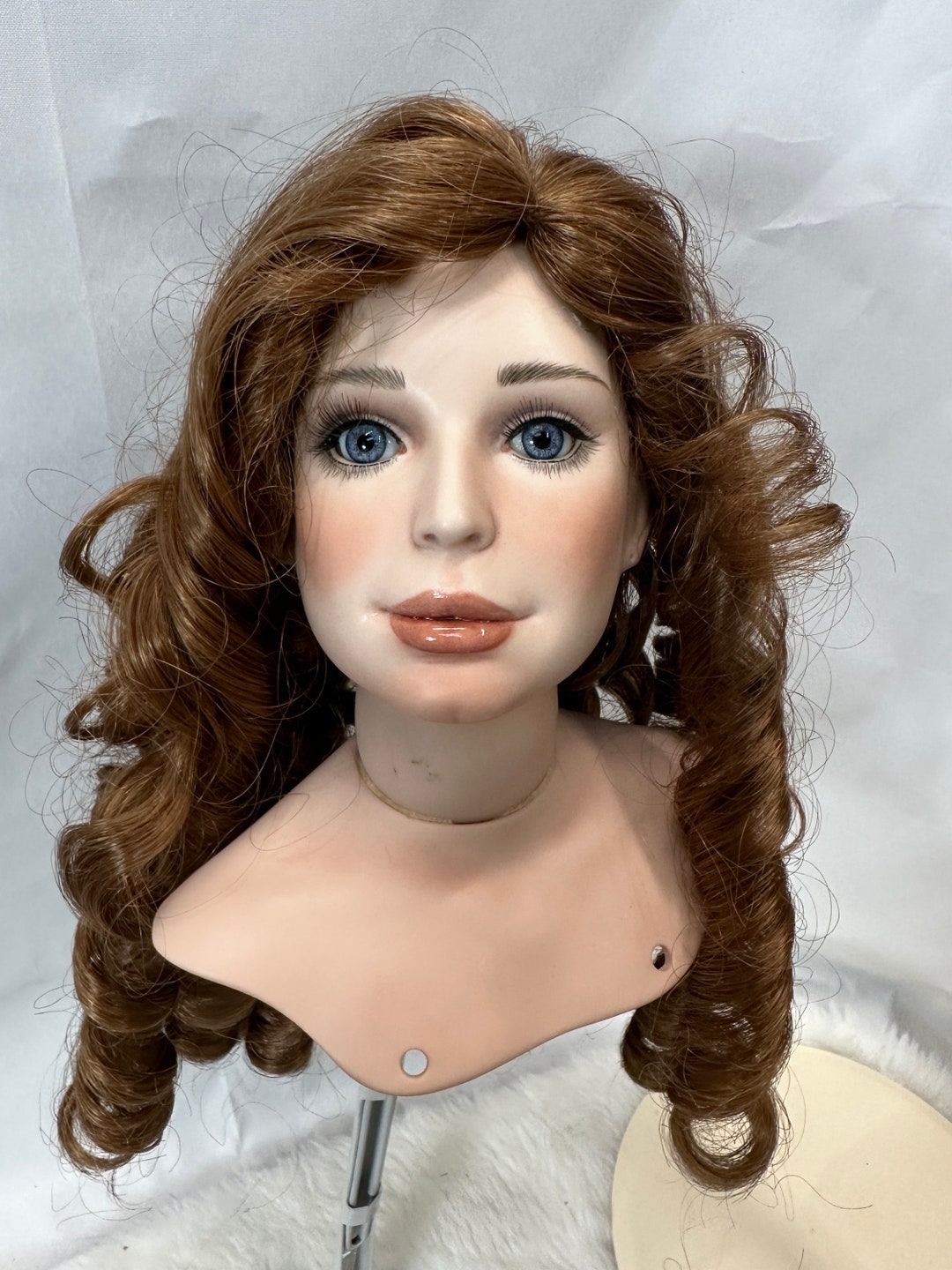 Painted Bisque Porcelain Lady Doll Head and Shoulder With Blue Eyes and