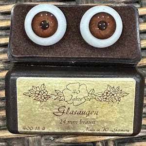 Vintage Full Round German hollow blown Glass Glasaugen Doll Eyes in Brown / Braun size 24 mm. Made in West Germany
