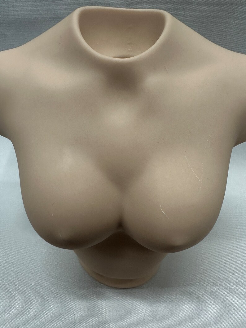 May include: A light brown plastic mannequin torso with a smooth surface.