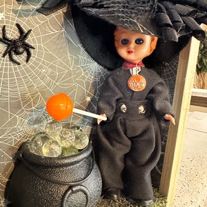 OOAK Halloween Miniature Doll Shadow Box, made with book box, “Season of the Witch “. Halloween Diorama Box with vintage Dutch doll