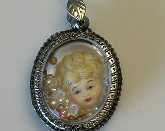 OOAK Poupee Shaker Necklace Miniature Resin Blonde China Head Doll Pendant Necklace, Doll Collector Gift, Doll Maker Gift