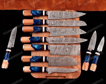 Handmade Damascus Chef Set of 10pcs with Leather Bag, kitchen knives Set,Personalized Gift, Birthday Gift for him, Knives, Mothers Day Gift