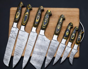 Handmade Damascus Chef set of 8pcs With Leather Cover,Kitchen knives set,Birthday Gift Anniversary Gift,Personalised Gifts, Gift for father