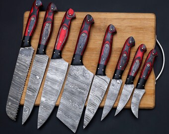 Handmade Damascus Chef set of 8pcs With Leather Cover,Personalised Gift,Kitchen knives set,Anniversary Gift,Birthday Gifts, Gift for father