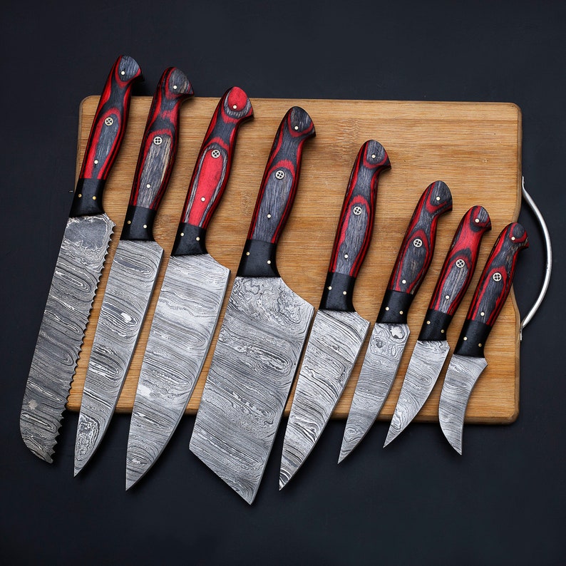 Handmade Damascus Chef set of 8pcs With Leather Cover,Personalized Gift,Kitchen knife set,Camping Tool, Gift for him,Christmas Gift knife 8 Piece Chef Set
