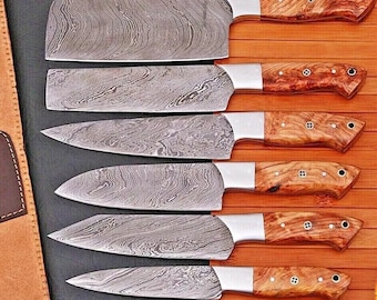 Handmade Damascus Chef set of 8pcs With Leather Cover,Kitchen knives set,Personalized gift,Kitchen knife set,Damascus knife,Christmas Gift