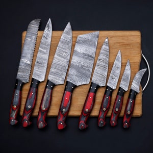 Handmade Damascus Chef set of 8pcs With Leather Cover,Personalized Gift,Kitchen knife set,Camping Tool, Gift for him,Christmas Gift knife image 3