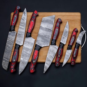 Handmade Damascus Chef set of 8pcs With Leather Cover,Personalized Gift,Kitchen knife set,Camping Tool, Gift for him,Christmas Gift knife image 2