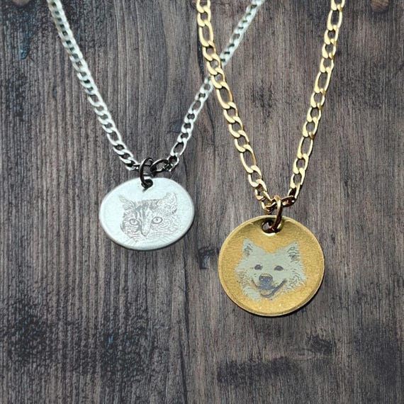 Custom Pet Portrait Necklace: Engraved Dog Cat Memorial Jewelry