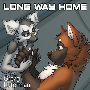 May include: Digital artwork featuring two anthropomorphic animals, one resembling a lemur and the other a fox, holding hands. The lemur is gray and white with gold earrings, while the fox is brown and white. The text "LONG WAY HOME" and artist's name are visible.