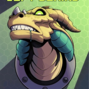Peut inclure: Une couverture de livre intitulée NOBODY LEFT BEHIND par Gre7g Luterman avec des illustrations de H. K. Luterman. Elle présente une tête de dragon beige aux yeux vert brillant et aux écailles de cou bleues sortant d'un portail métallique.