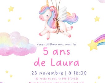 Carte d’invitation anniversaire enfant Licorne – Modèle Canva A6 à personnaliser – Invitation digitale à imprimer