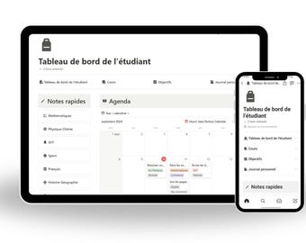 May include: A screenshot of a tablet and a smartphone displaying a student dashboard app. The app features a calendar, notes, and a list of courses. The app is called "Tableau de bord de l'étudiant" which translates to "Student Dashboard".