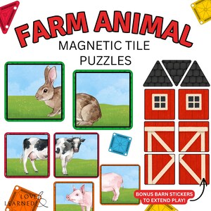 Könnte beinhalten: Ein Set aus magnetischen Bauernhoftier-Puzzles mit quadratischen Kacheln, die einen Hasen, eine Kuh und ein Schwein auf einer Wiese zeigen. Enthält rote Scheunen-Kacheln, ein blaues Verbindungsteil und einen Hinweis auf Bonus-Sticker.