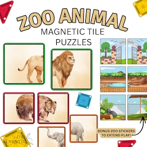 May include: Zoo Animal Magnetic Tile Puzzles set featuring square tiles with illustrations of a lion, bear, and elephant. Includes landscape tiles showing a zoo entrance, pond, and enclosure, plus bonus zoo stickers and various coloured magnetic frames.