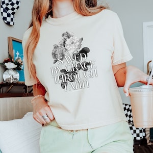 Saved By Grace Comfort Colors Boxy Tee Christian Shirt Gift For Her Bible Verse Shirt Jesus Apparel Baptism Gift Faith God Religious Apparel