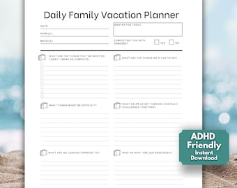 Vacation planning for family, daily plan for families on vacation, ADHD kids vacation planner, daily vacation planner for parents and kids